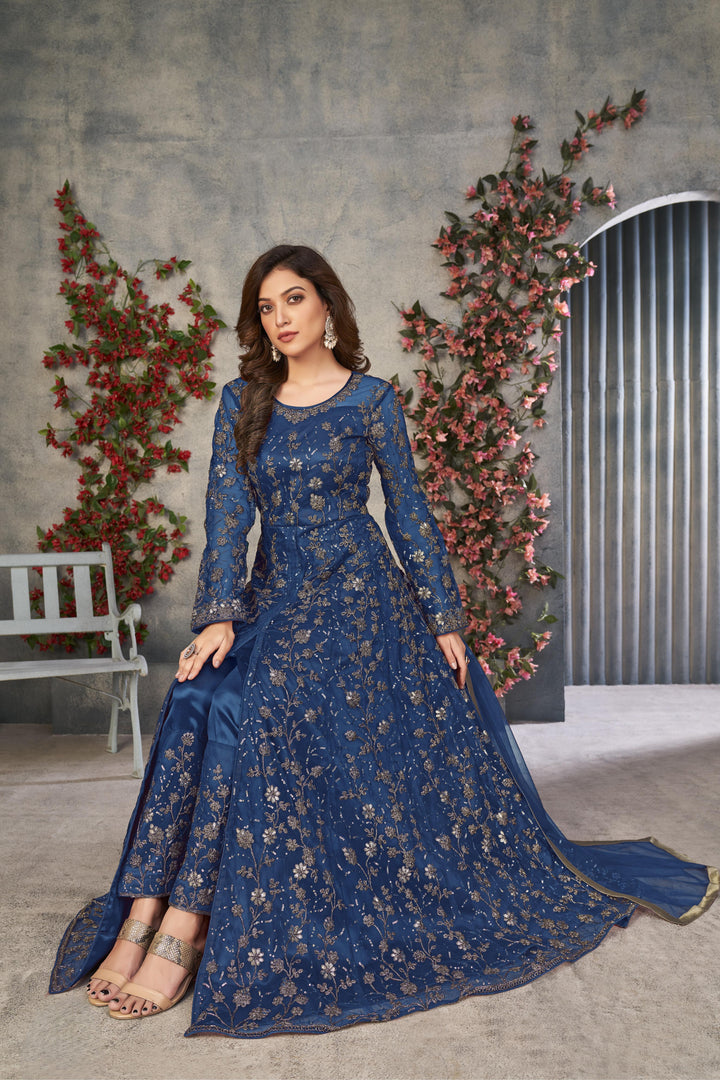Blue Color Net Satin With Embroidery And Sequins Work Front Cut Dress