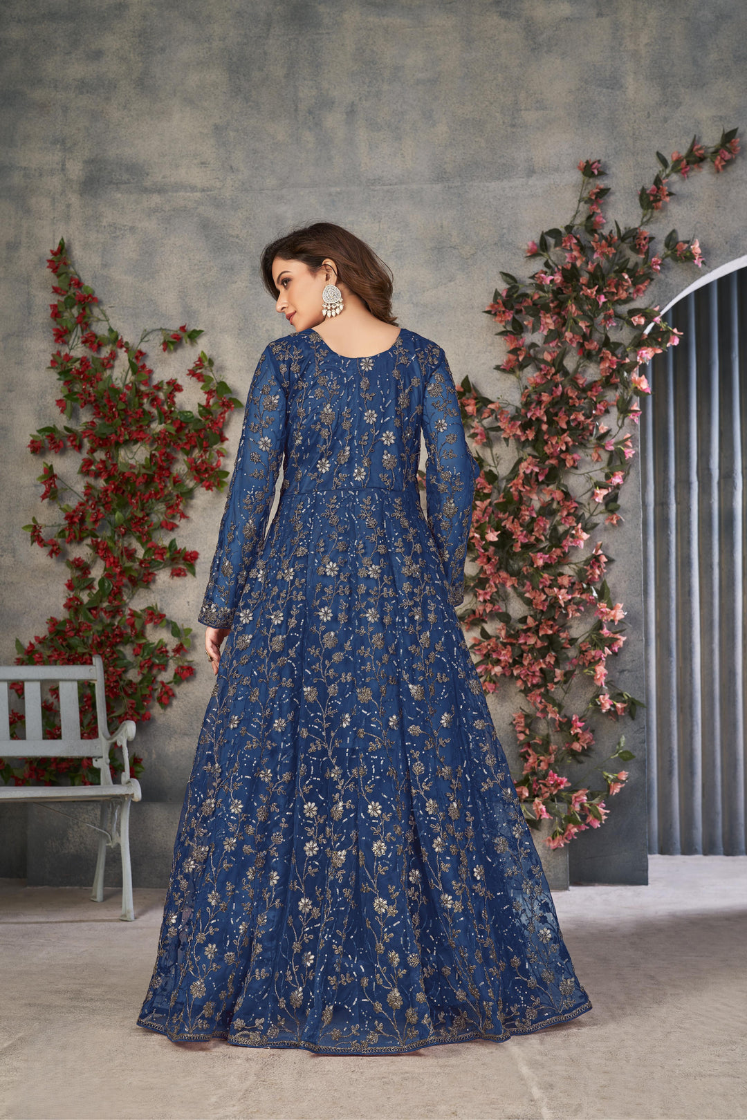 Blue Color Net Satin With Embroidery And Sequins Work Front Cut Dress