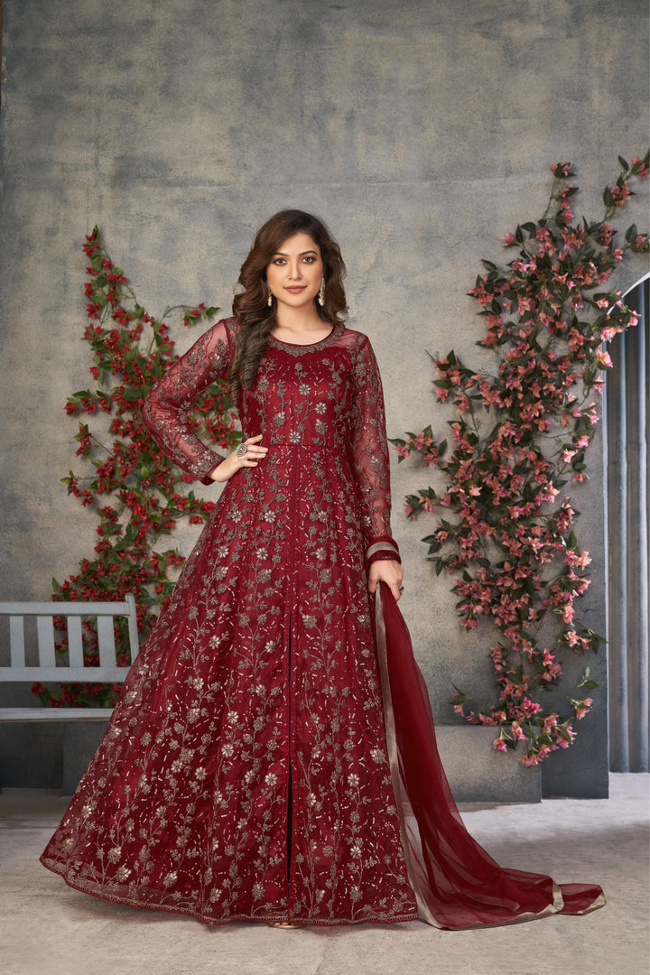 Red Color Net Satin With Embroidery And Sequins Work Front Cut Dress
