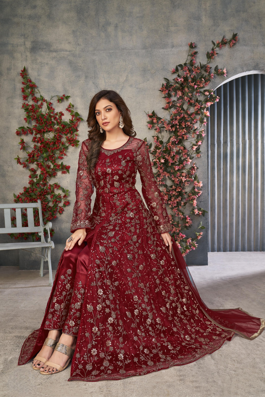 Red Color Net Satin With Embroidery And Sequins Work Front Cut Dress