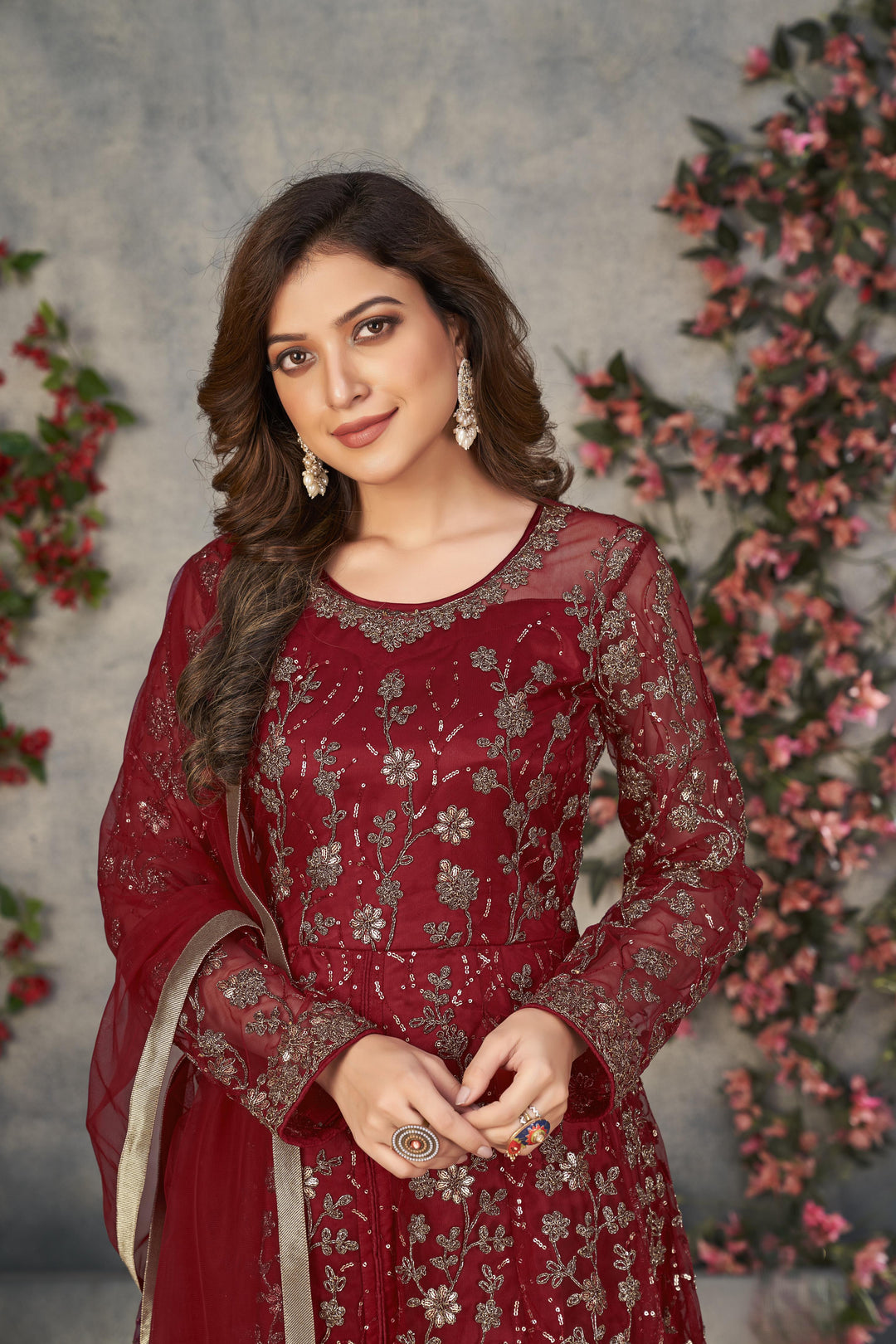 Red Color Net Satin With Embroidery And Sequins Work Front Cut Dress