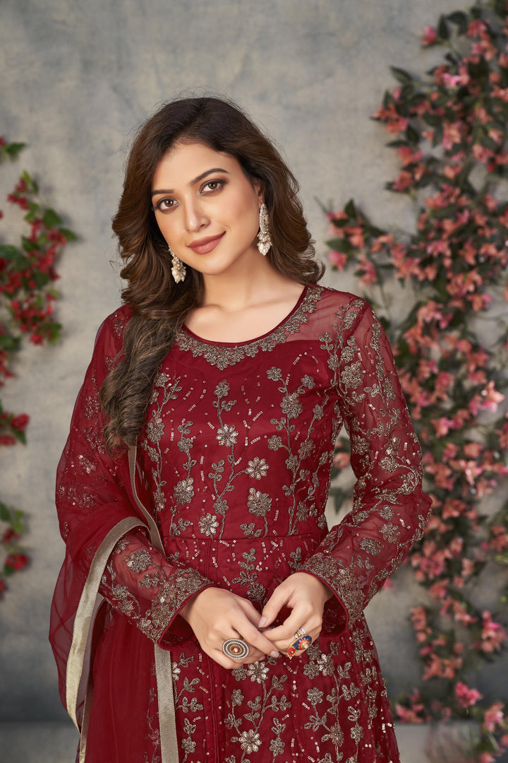 Red Color Net Satin With Embroidery And Sequins Work Front Cut Dress