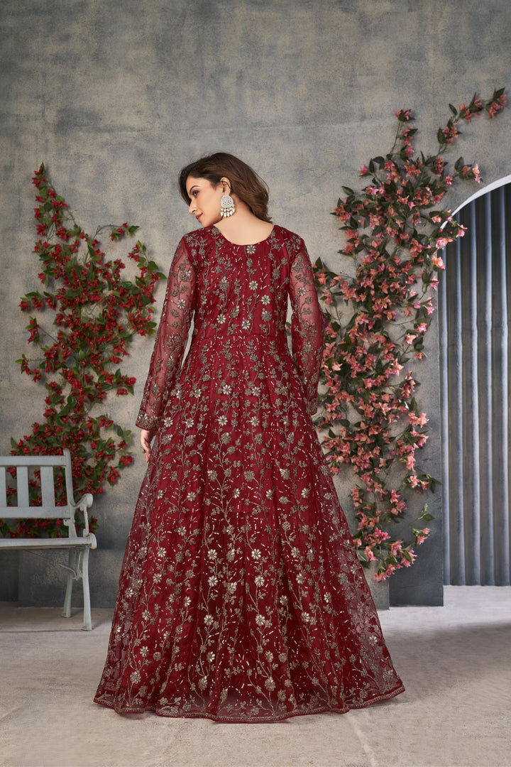 Red Color Net Satin With Embroidery And Sequins Work Front Cut Dress