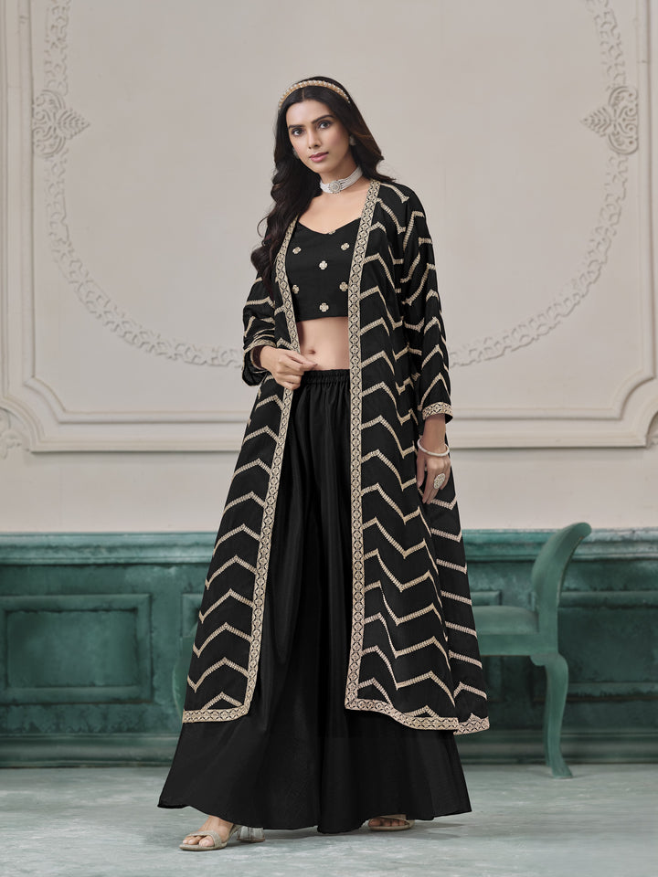 Black Color Chinon With Embroidery Work Top And Sharara