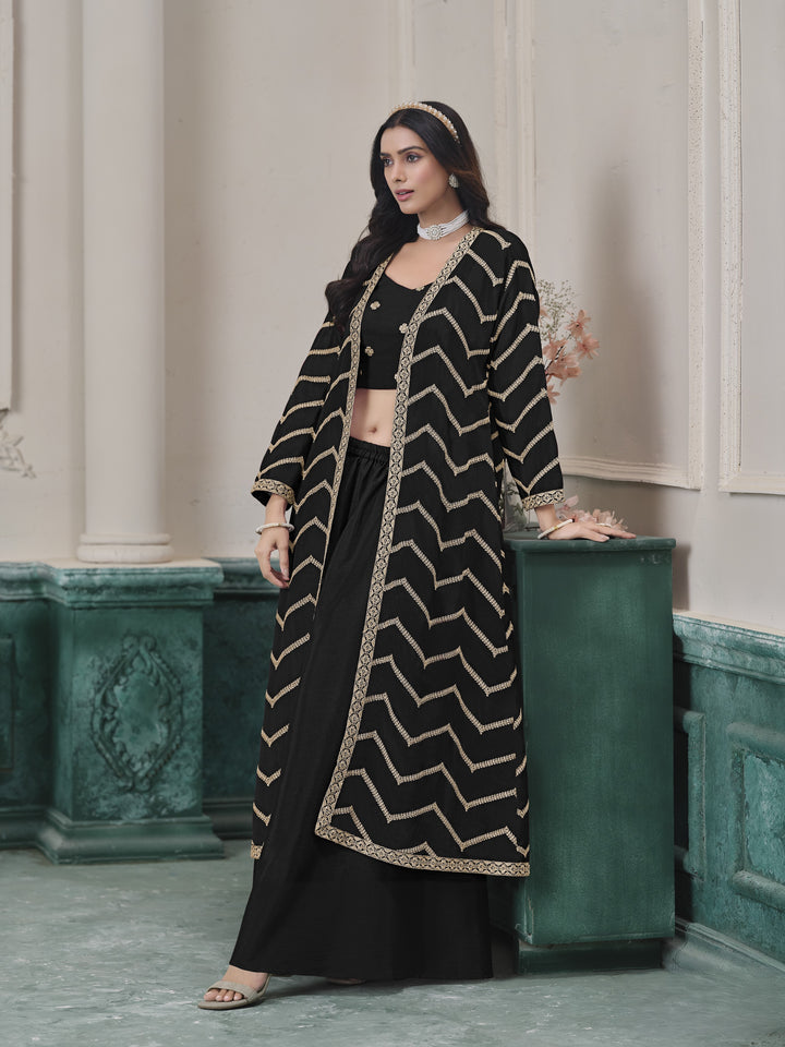 Black Color Chinon With Embroidery Work Top And Sharara