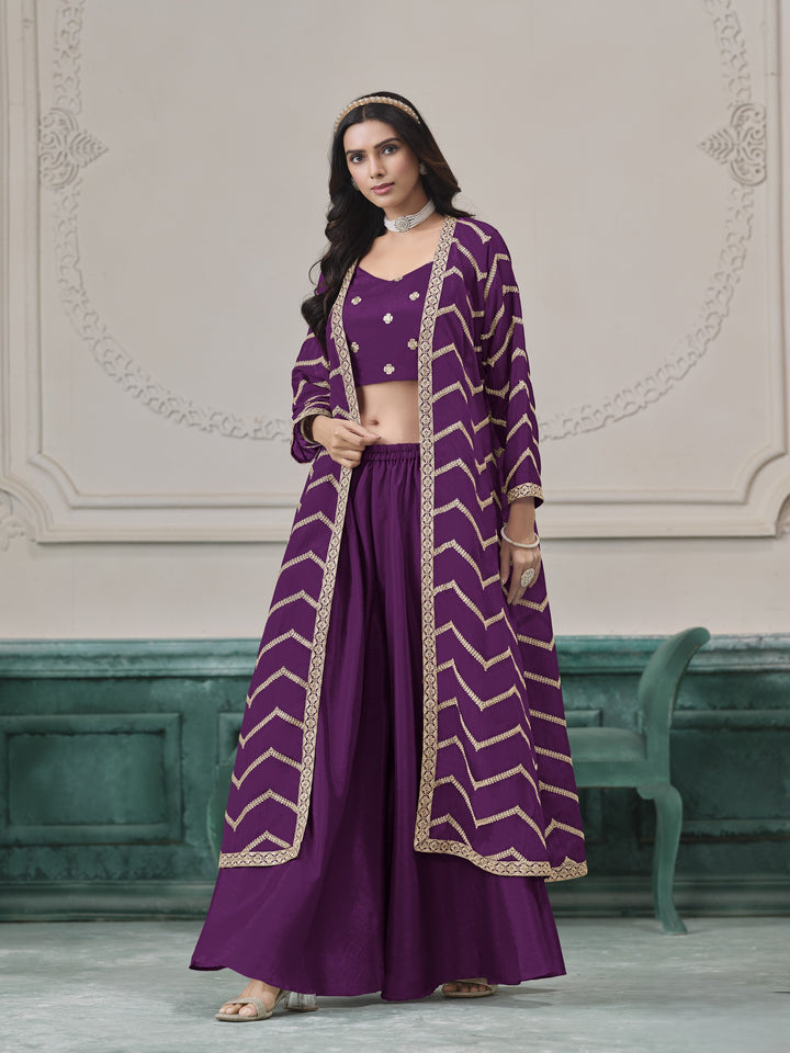 Purple Color Chinon With Embroidery Work Top And Sharara