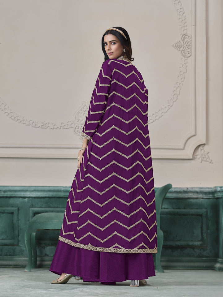 Purple Color Chinon With Embroidery Work Top And Sharara