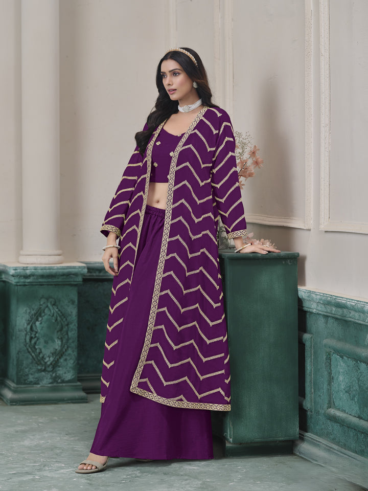 Purple Color Chinon With Embroidery Work Top And Sharara