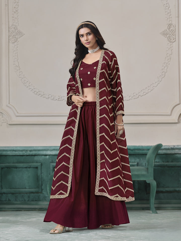 Red Color Chinon With Embroidery Work Top And Sharara