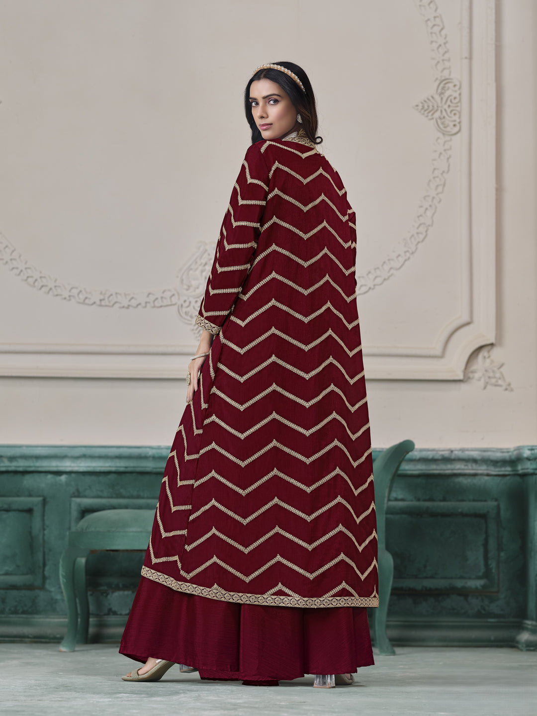 Red Color Chinon With Embroidery Work Top And Sharara