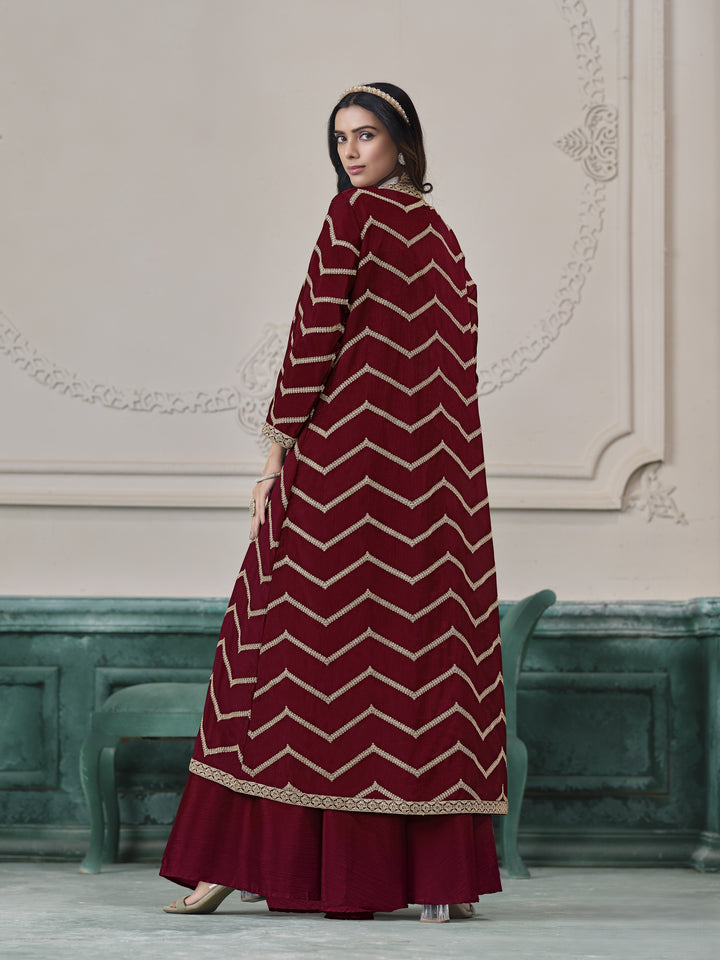 Red Color Chinon With Embroidery Work Top And Sharara