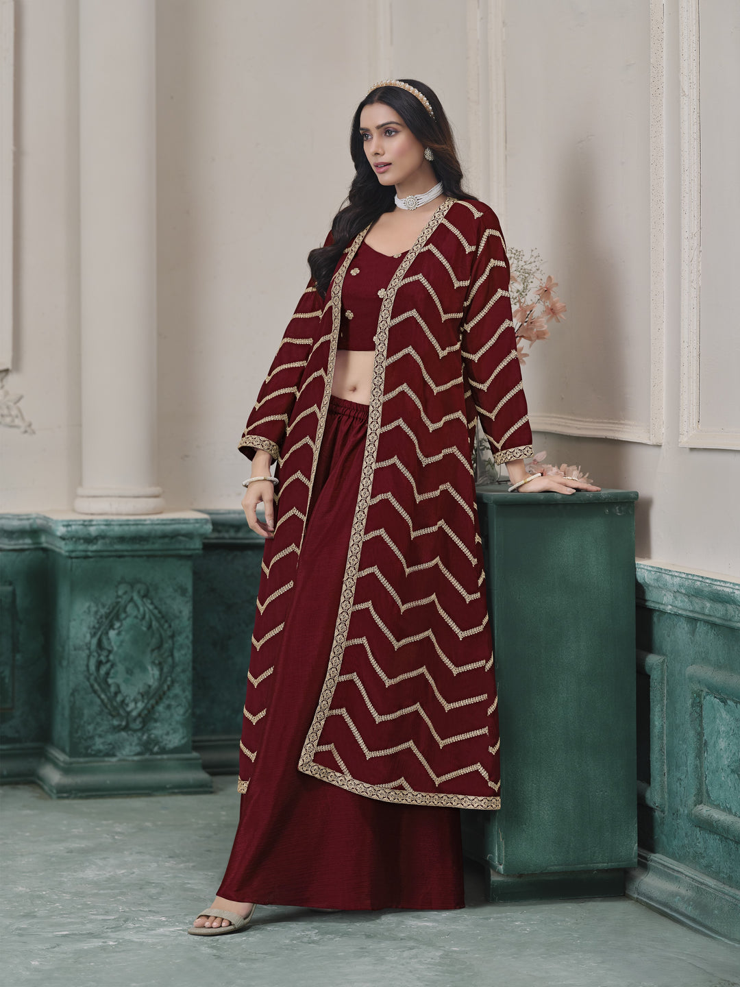 Red Color Chinon With Embroidery Work Top And Sharara