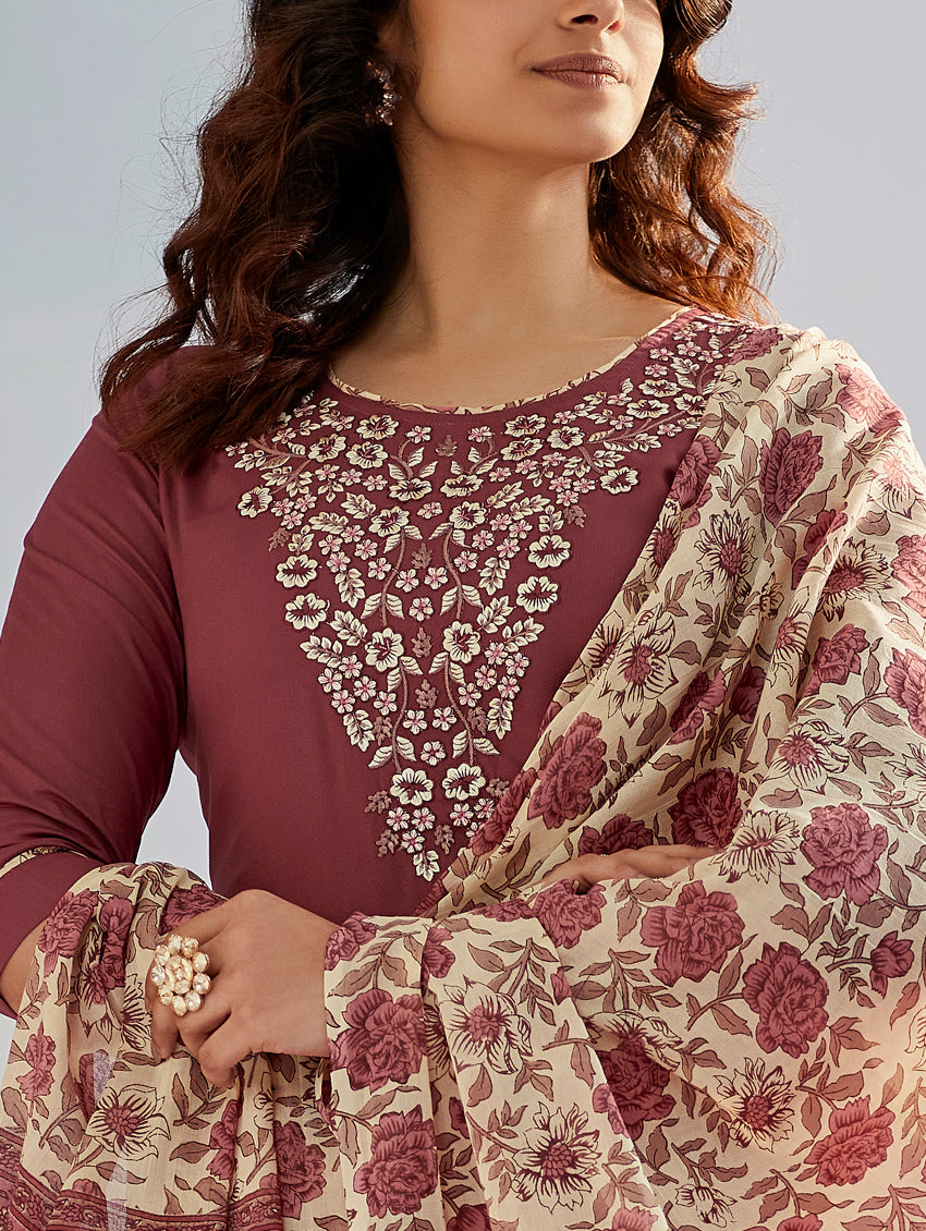 Peach Color Cotton Silk Embroidery Kurti with Pant And Dupatta Sets