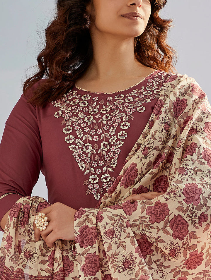 Peach Color Cotton Silk Embroidery Kurti with Pant And Dupatta Sets