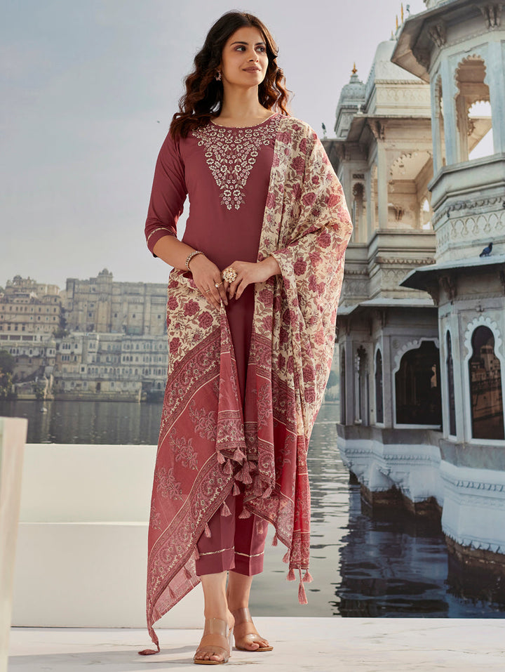 Peach Color Cotton Silk Embroidery Kurti with Pant And Dupatta Sets