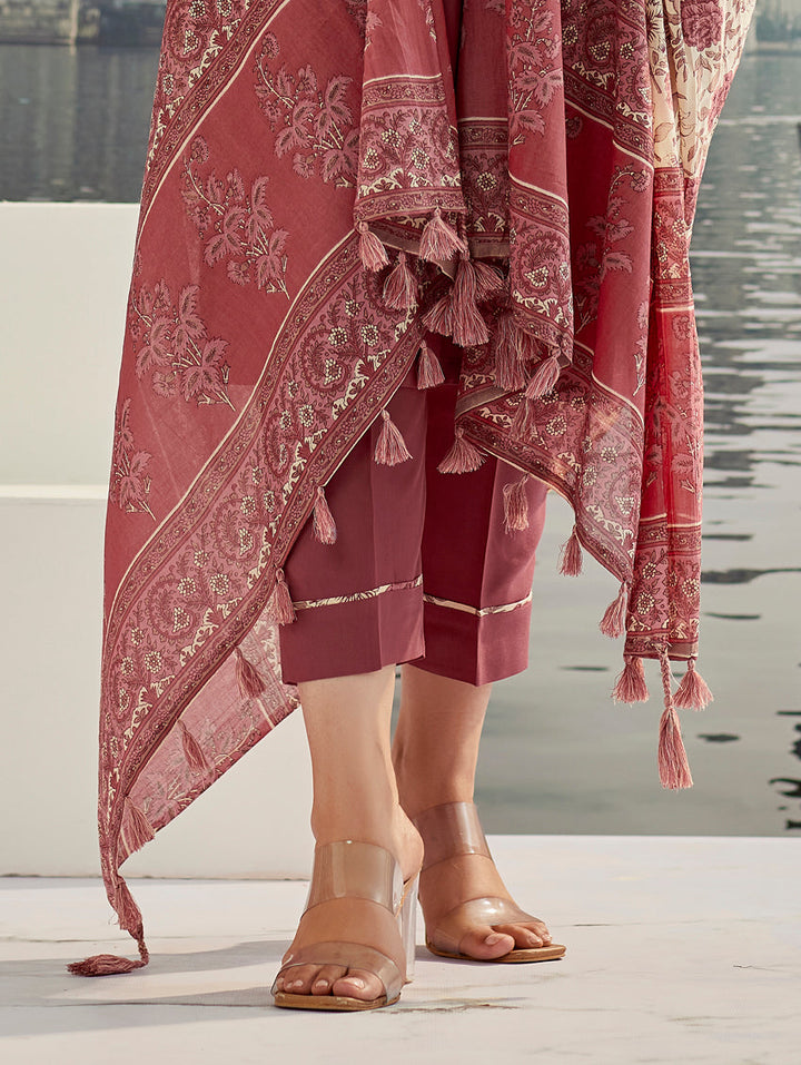 Peach Color Cotton Silk Embroidery Kurti with Pant And Dupatta Sets