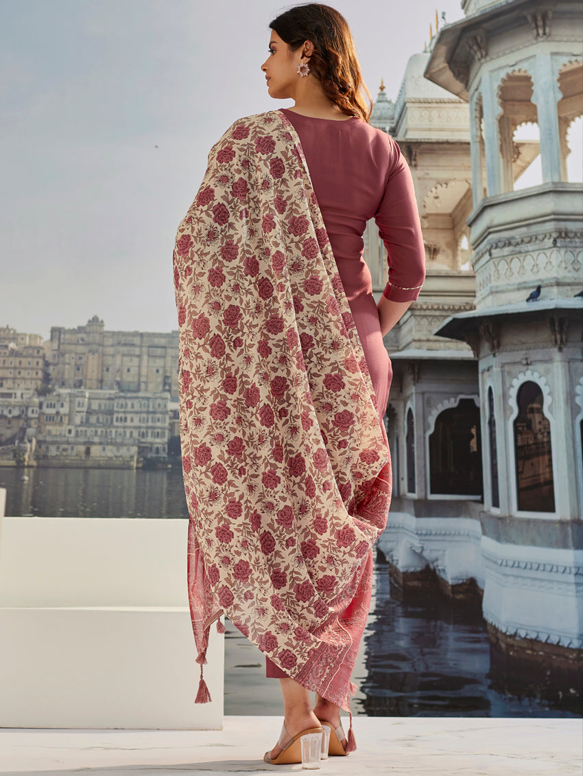 Peach Color Cotton Silk Embroidery Kurti with Pant And Dupatta Sets