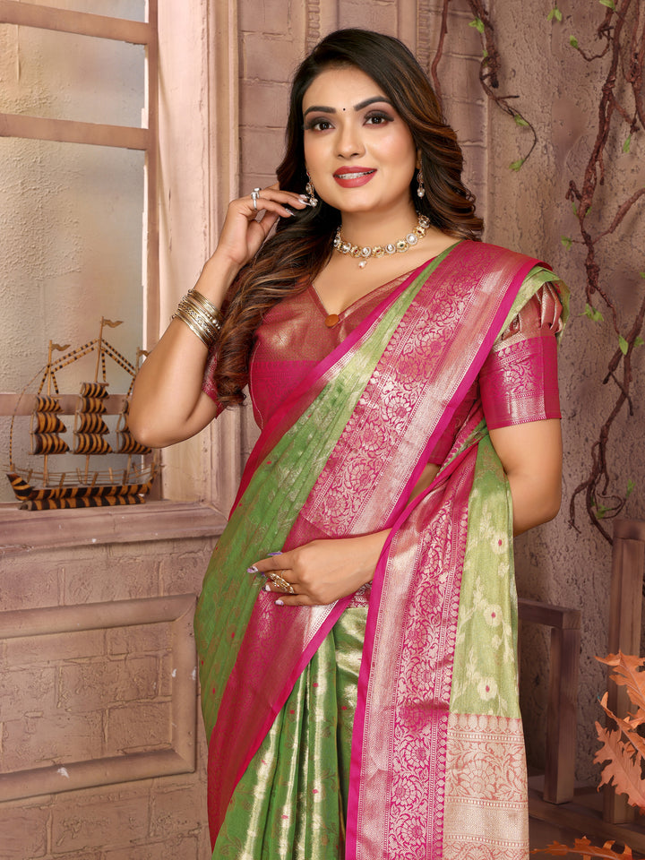 Green Vanita Tissue Silk Saree Zari Designs and Contrast Zari Borders & Rich Pallu