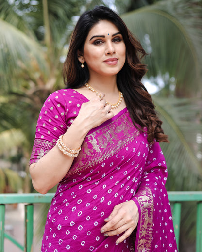 Purple Mausami Pure Bandhej Silk Saree With Zari Weaving Border & Rich Pallu With Beautiful Design And Broad Border