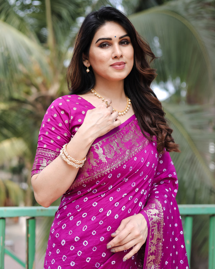 Purple Mausami Pure Bandhej Silk Saree With Zari Weaving Border & Rich Pallu With Beautiful Design And Broad Border