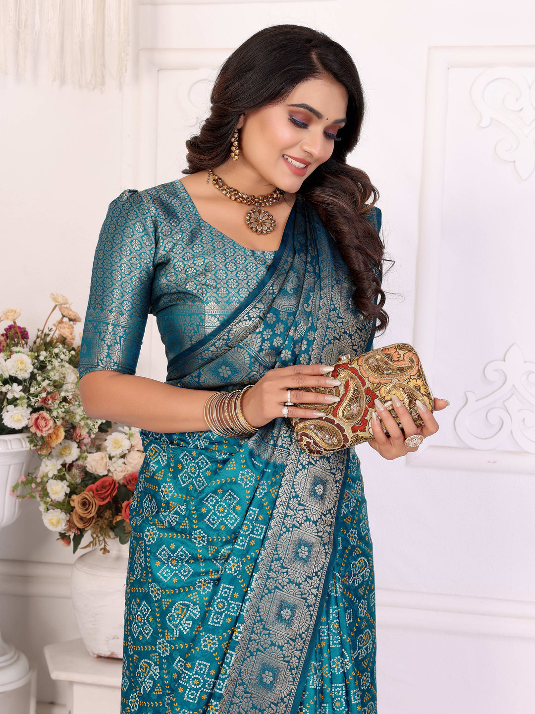 Sky Blue Samshira Soft Satin Silk Bandhej Print Saree With Zari Border Design And Having Rich Pallu