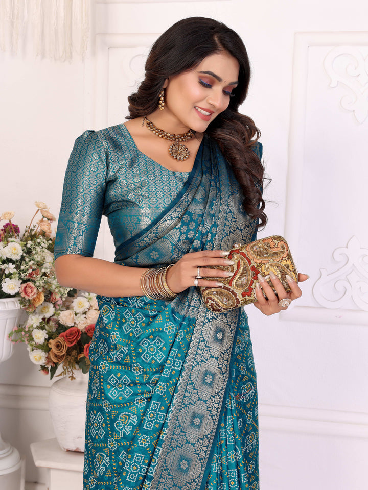 Sky Blue Samshira Soft Satin Silk Bandhej Print Saree With Zari Border Design And Having Rich Pallu