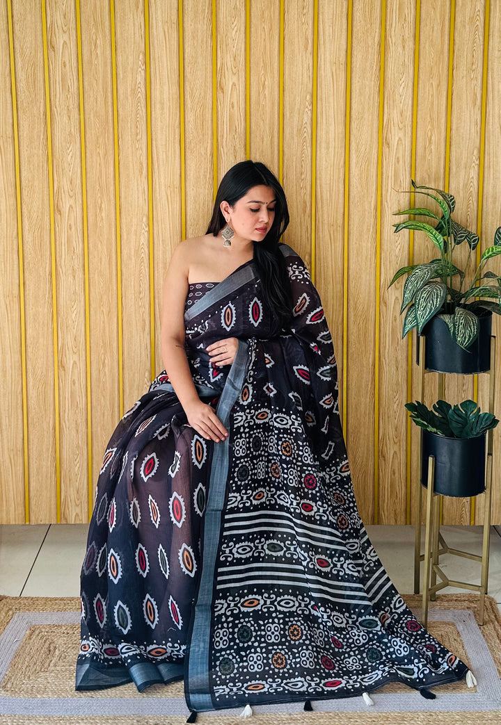 Black Shukriya Soft Linen Cotton Digital Print Saree With Batik Print With Silver Border