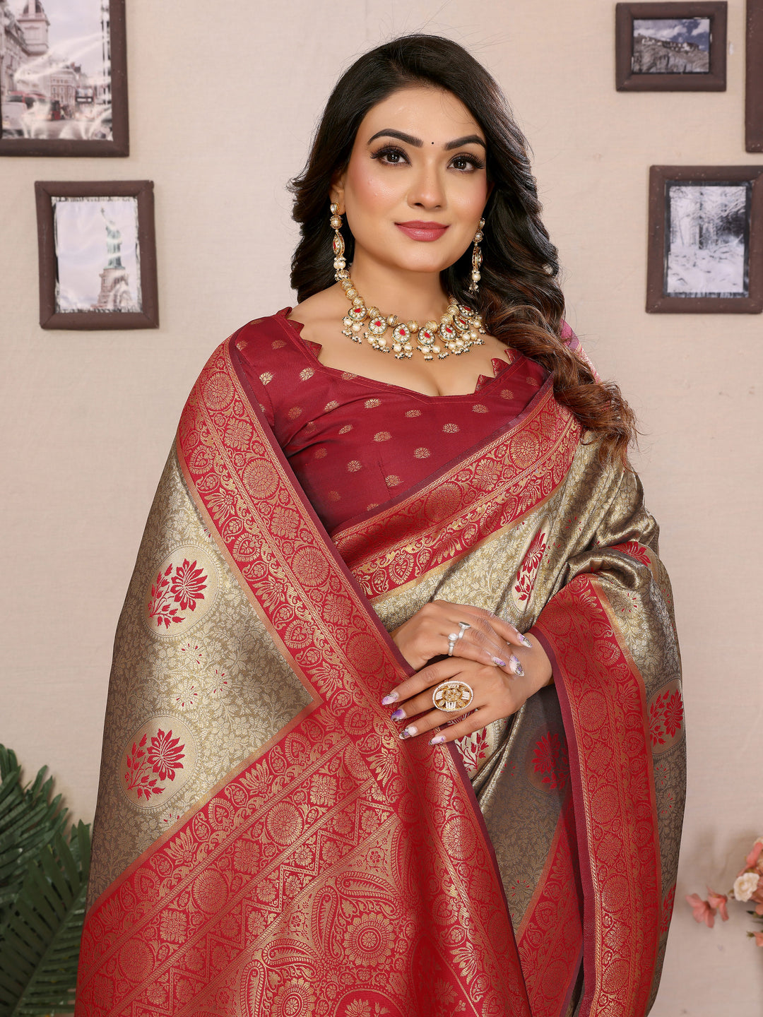 Red Mahek Handloom Tissue Silk Sarees with Zari Weaving and Contrast Zari  border