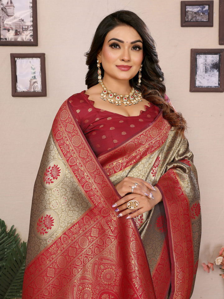 Red Mahek Handloom Tissue Silk Sarees with Zari Weaving and Contrast Zari  border