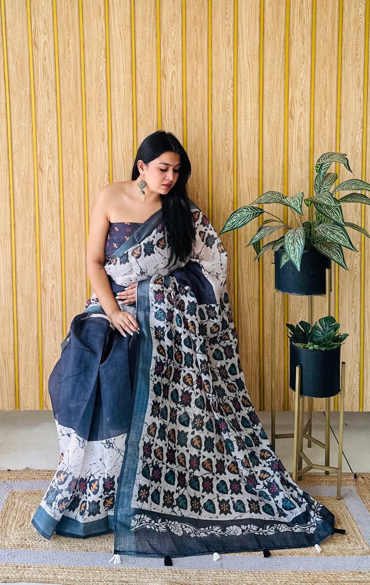 Off White Aarya-2 Soft Linen Cotton Digital Print Sarees With Batik Print With Silver Border