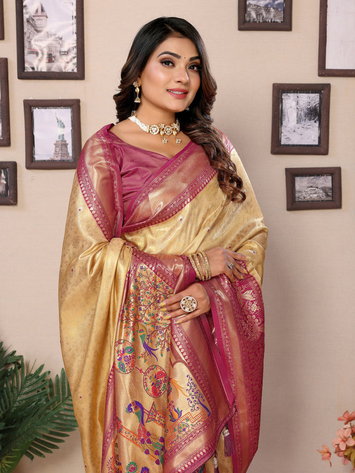 Yellow Vantara Banarasi Tissue Silk Saree With Contrast Paithani Woven Borders & Pallu