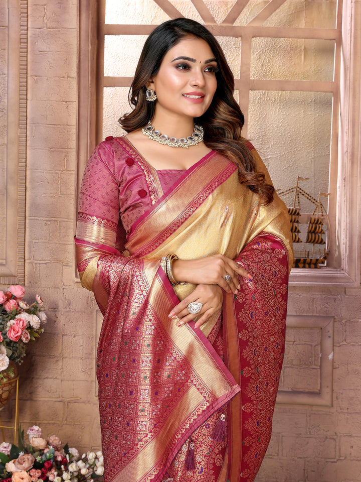 Beige Sundari Banarasi Tissue Silk Saree With Contrast Banarasi Woven Borders & Pallu