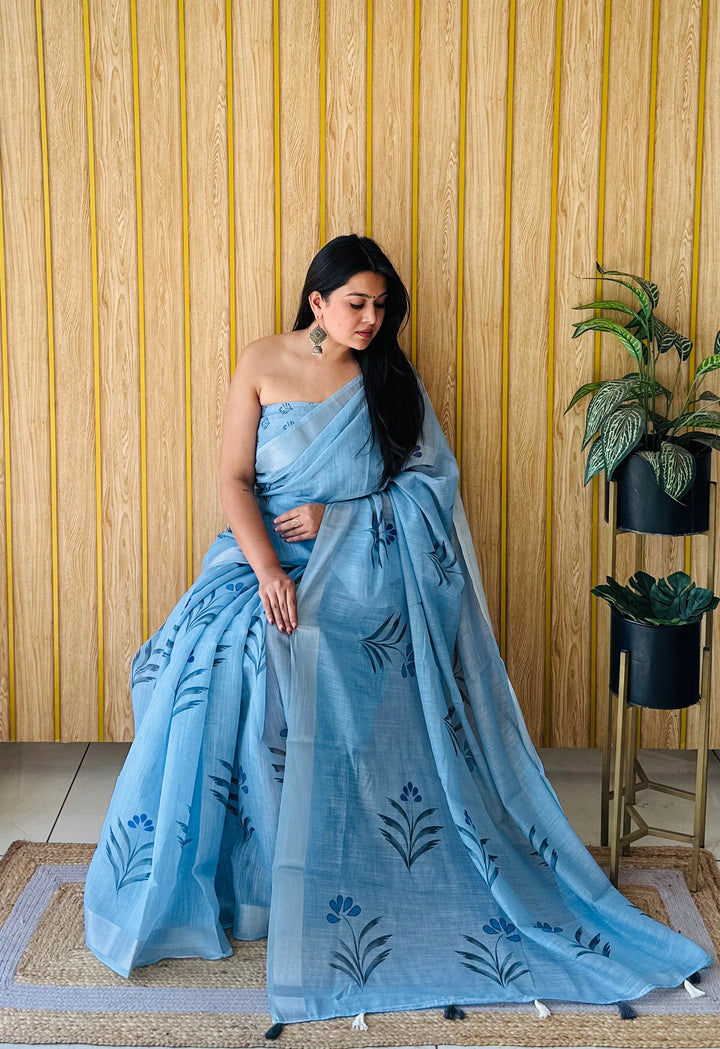 Sky Namrata Soft Linen Cotton Digital Print Sarees With Batik Print With Silver Border