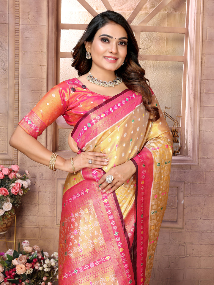 Cream Tarveni Banarasi Tissue Silk (Patola weaving) Saree With Contrast Patola Woven Borders & Pallu