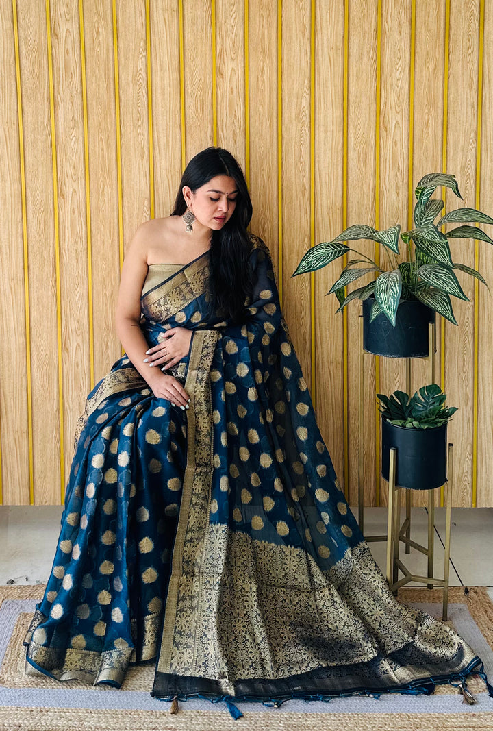 Navy Blue Sitara Soft Gimichu Silk Saree And Jari Weaving Border With Exclusive Jari Rich Pallu
