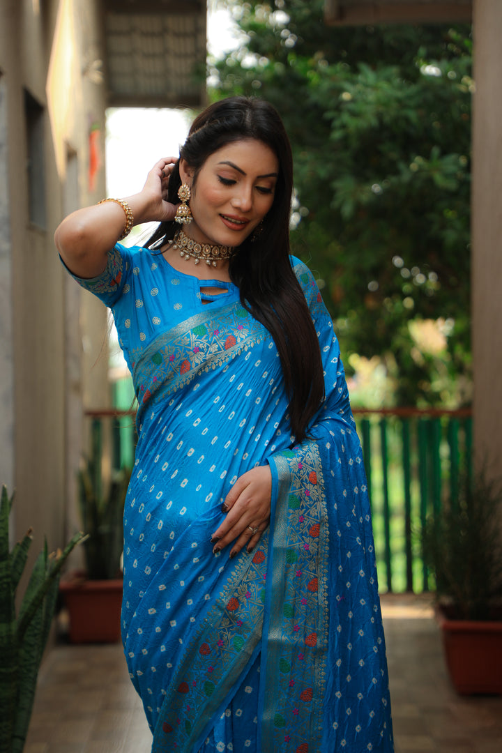 Sky Blue Nazakat Pure Bandhej Silk Saree With Patola Border Zari Weaving Paithani And Paithani Rich Pallu