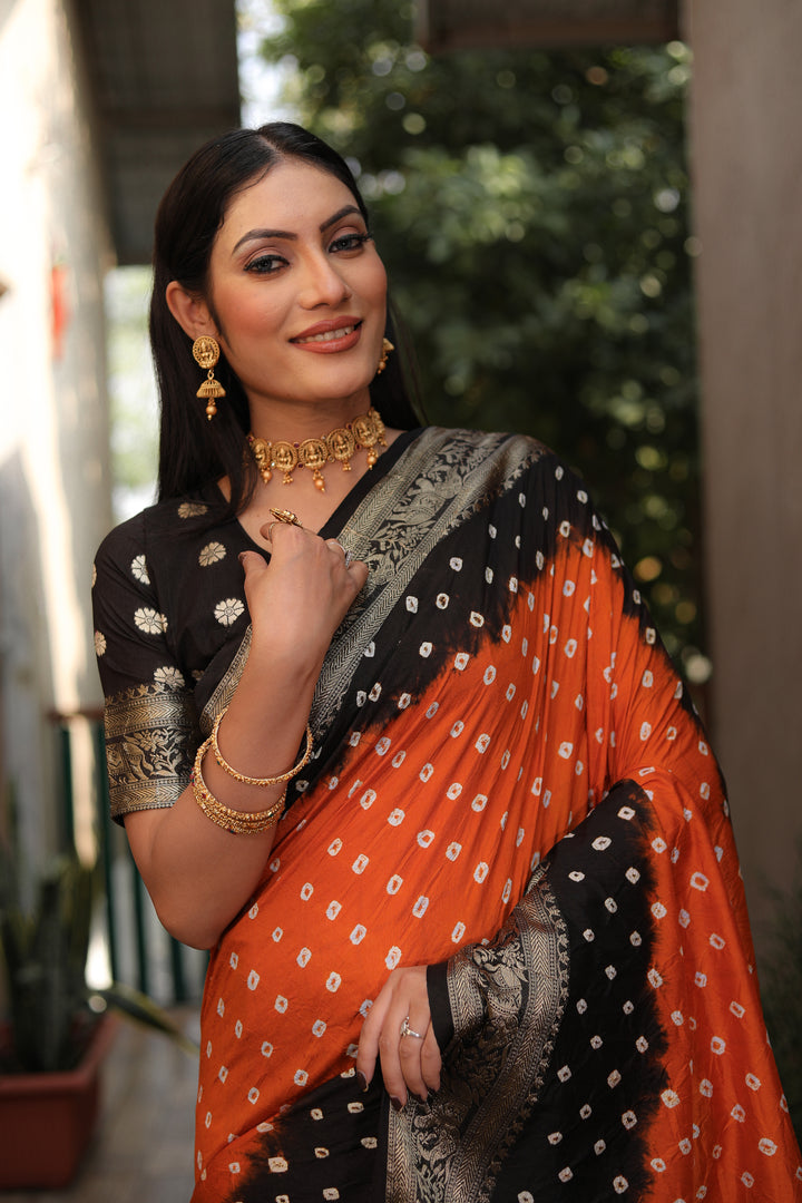 Orange Vahini Pure Bandhej Silk Saree With Bandhej Border & Zari Weaving Rich Tissue Pallu