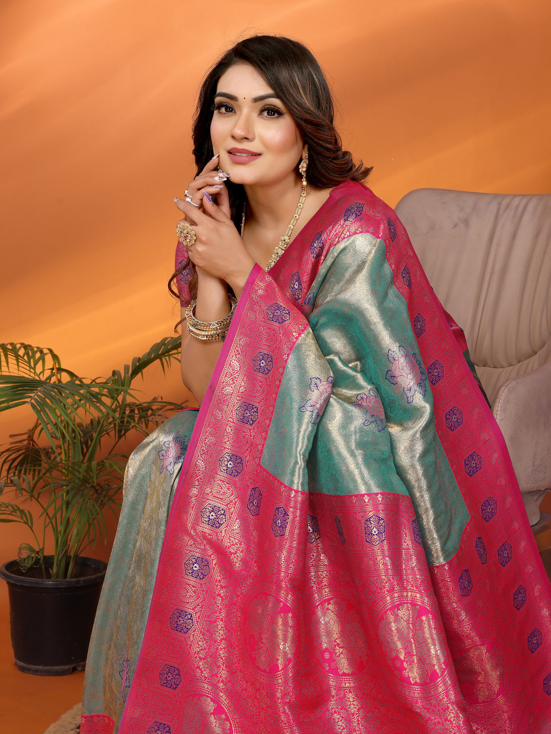 Sky Blue Saroj Banarasi Silk Saree With Contrast Paithani Woven Borders & Pallu