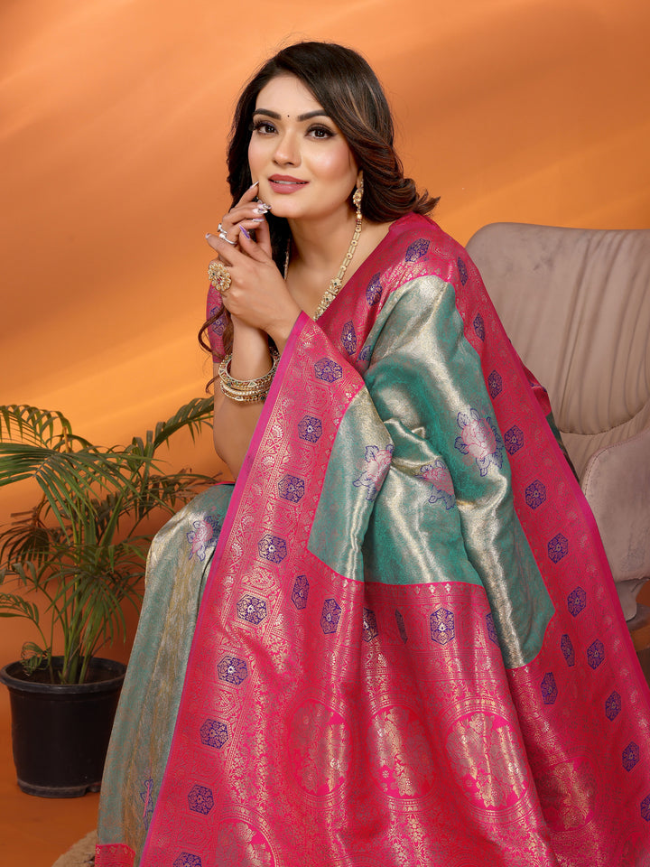 Sky Blue Saroj Banarasi Silk Saree With Contrast Paithani Woven Borders & Pallu