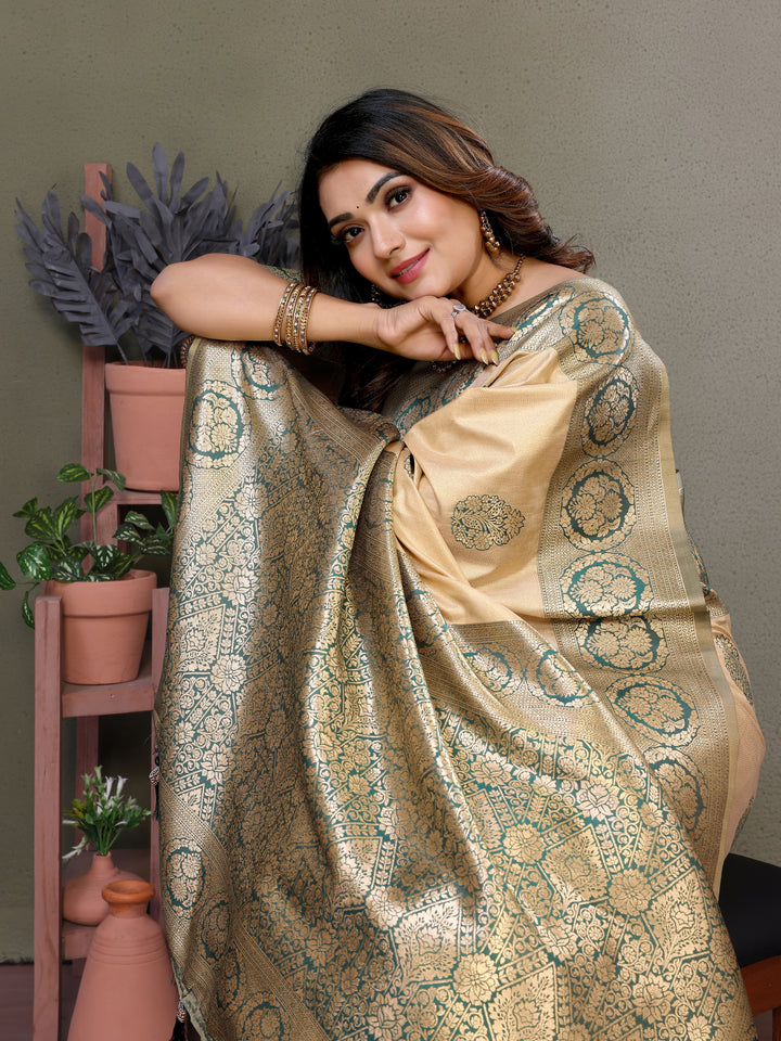Beige Jugani Viscose Silky Sarees And weaving Butties with contrast border, Rich pallu