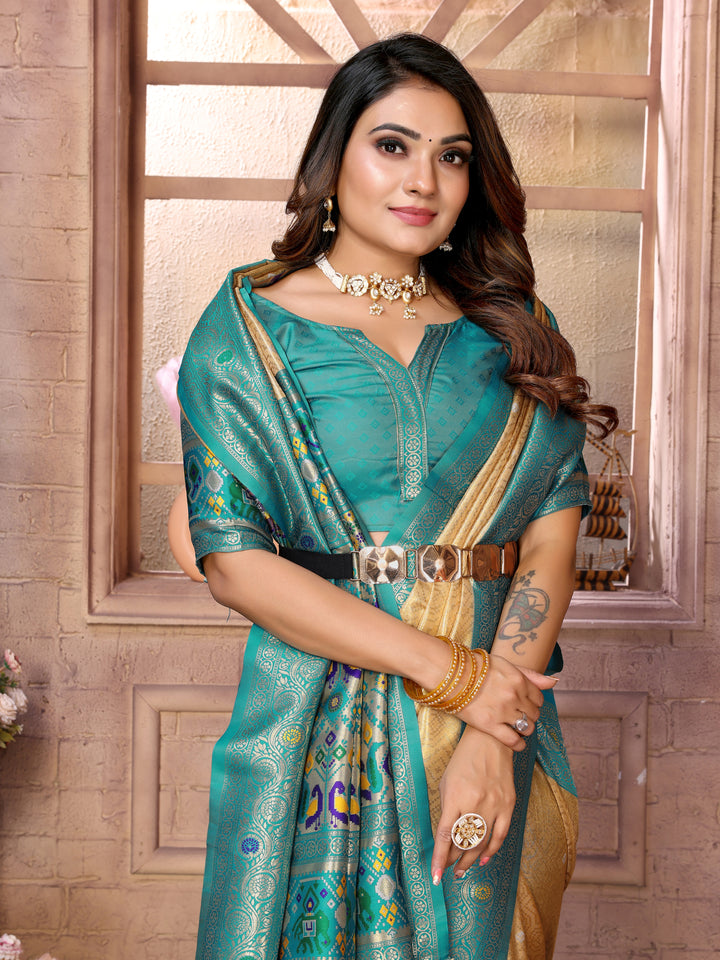 Beige Vimala Banarasi Silk Saree With Contrast Paithani Woven Borders & Pallu