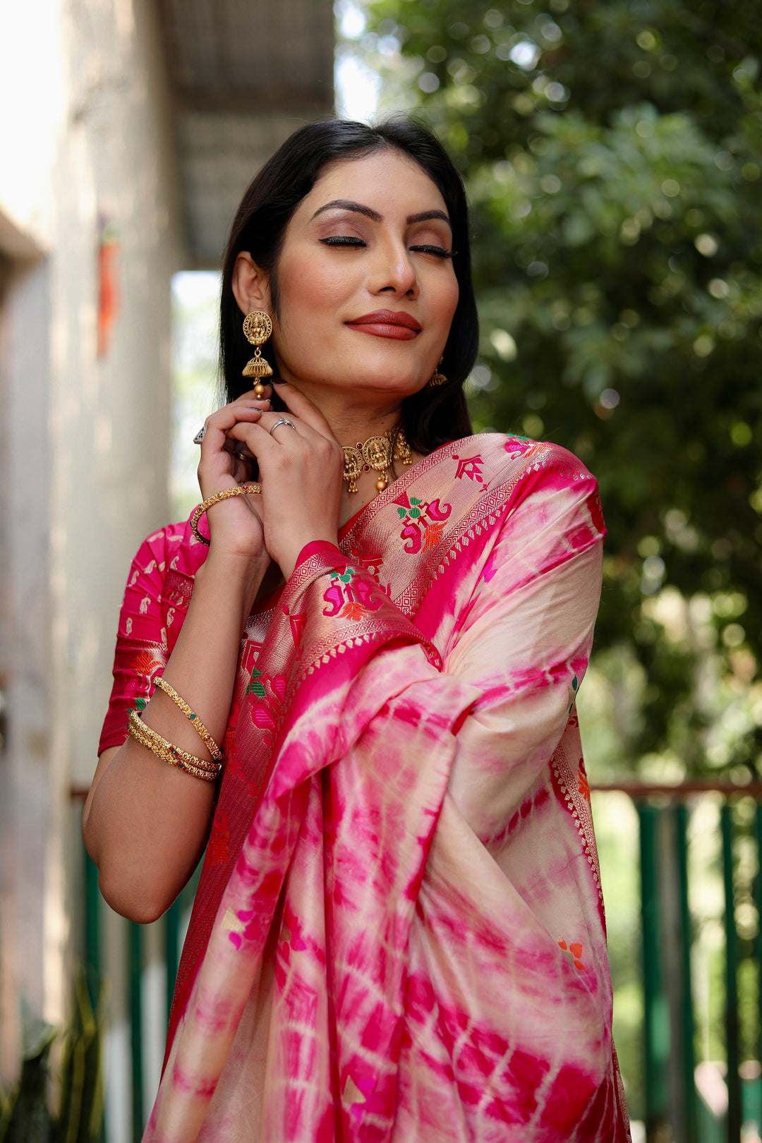 Pink Poonam Sibori Print Paithani Silk Sarees With Gold Zari Paithani Border & Contrast Rich Pallu