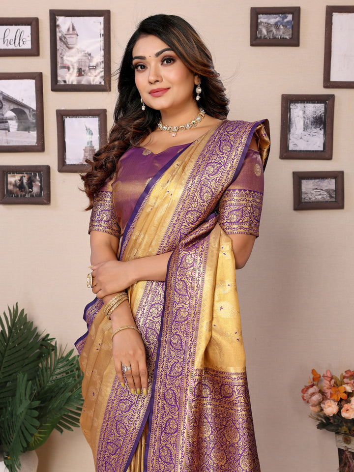 Purple-yellow Hema pure Banarasi Tissues silk sarees Its soft and silky with Meenkari woven border