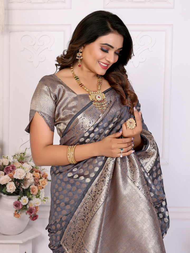 Gray Aruni Soft Organza Silk Banarasi Saree With Unique Butta With Unique Colours