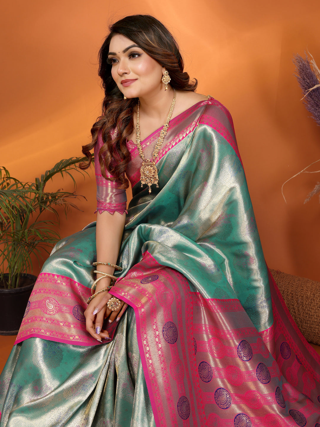 Sky Blue Sonali Banarasi Silk Saree With Contrast Paithani Woven Borders & Pallu