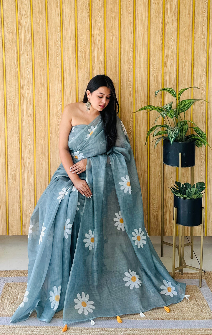 Stone Champa-1 Soft Linen Cotton Digital Print Sarees With Flower Print & Printed Pallu