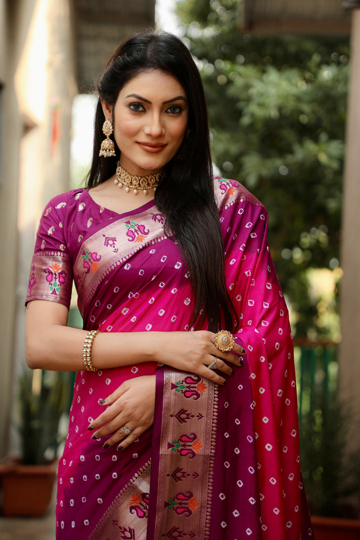 Pink Chandani Dola Soft Silk Bandhej Sarees Jari Paithani Weaving Border & Weaving Paithani Style Rich Pallu