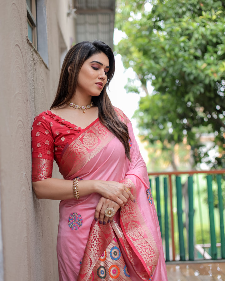 Pink Kamlika Dola Silk With Unique Butta And Contrast Border & Rich Pallu