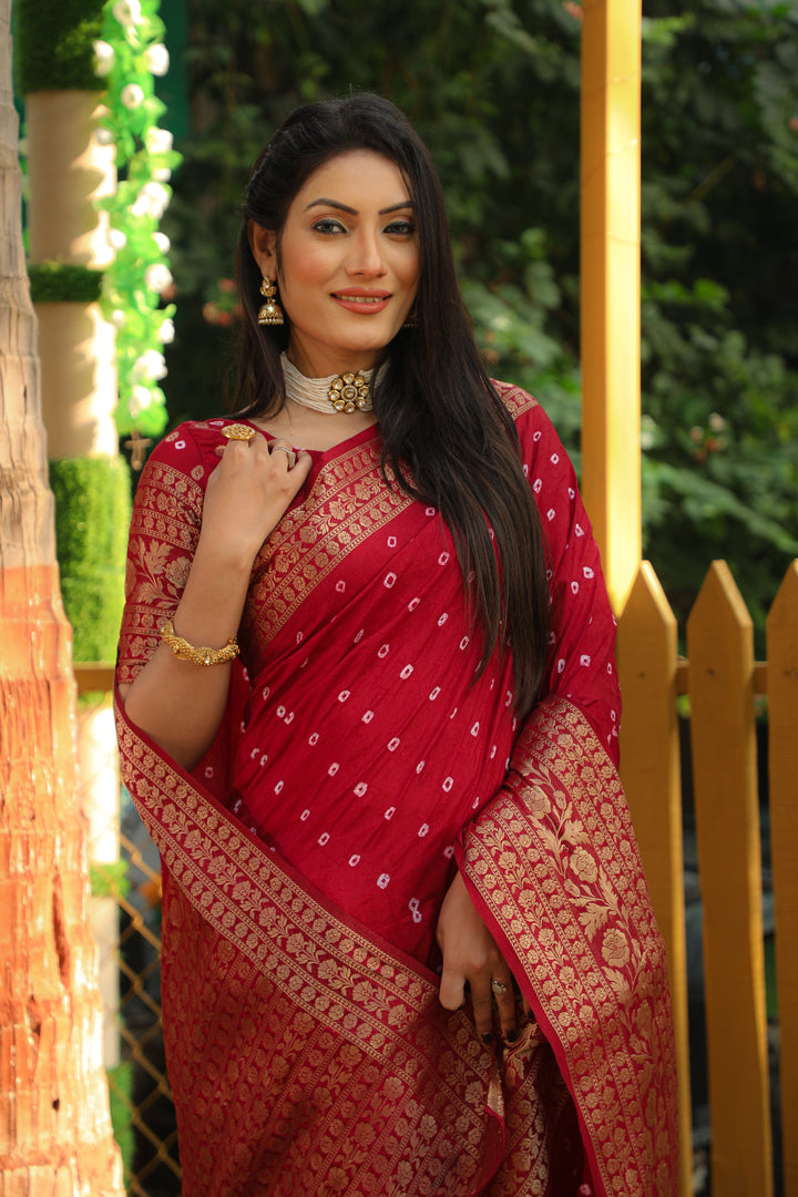 Maroon Toral Bandhej Kanjivaram Silk Saree Kanjivaram Border With Zari Weaving Rich Pallu