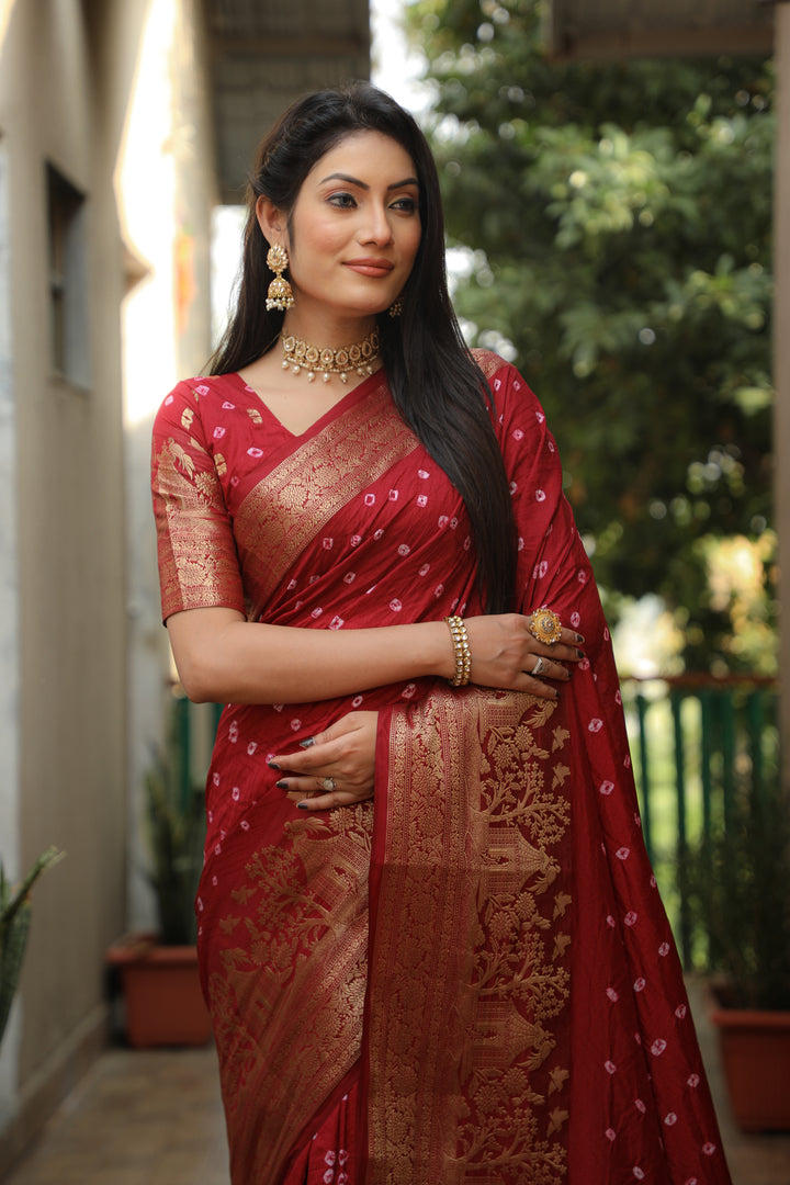 Maroon Suvarna-3 Bandhej Kanjivaram silk saree And Kanjivaram Border with Zari Weaving Rich Pallu